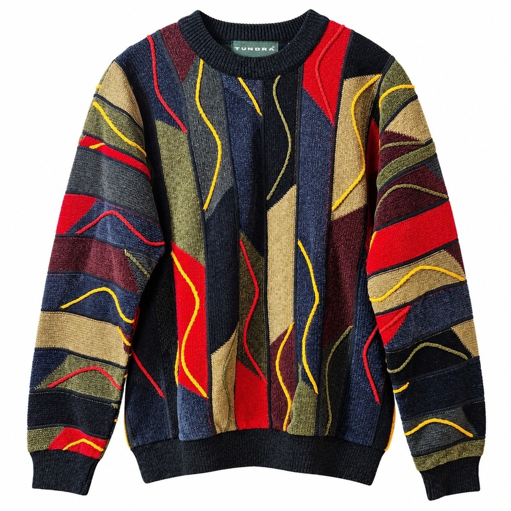 Vtg TUNDRA Canada Velour Knit Sweater Sz M Multi Pullover Crewneck Coogi-Style